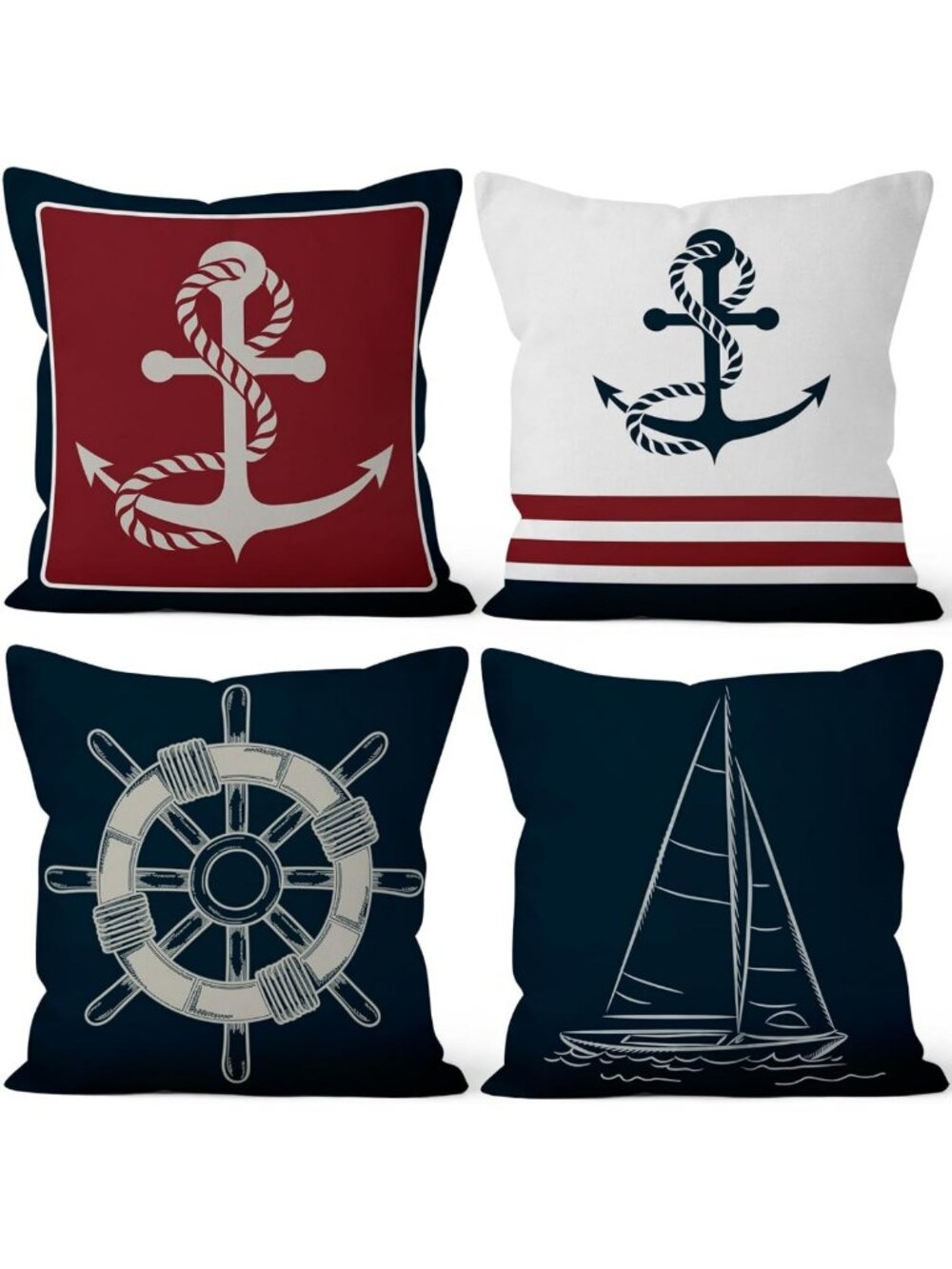 Nautical Patchwork Pillow Covers Set of 4 | Anchor & Compass Design | Outdoor